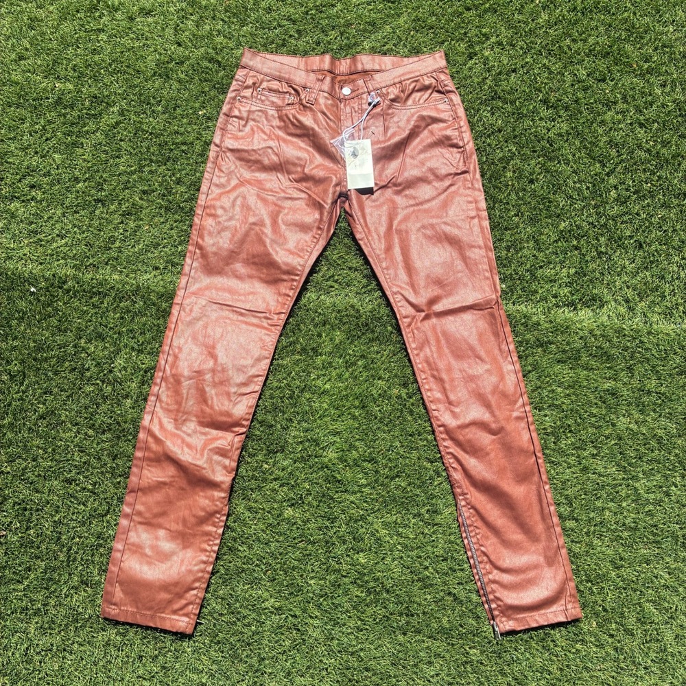 Mnml M11 33x33 Slim Denim Brown Coated Waxed Ankle Zip Jeans M2022-D756-BRO-32
